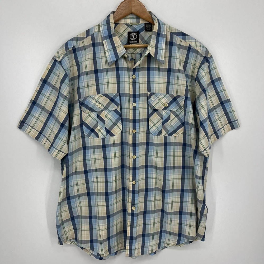 Timberland Mens XL Short Sleeve Button Down Plaid Cotton Shirt Blue Tan Green